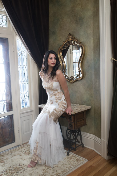 bride modeling wedding dress at Gibson mansion